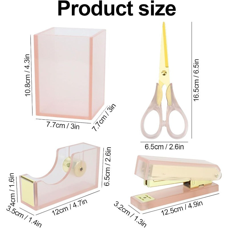 1-Inch Core Clear Acrylic Pink Gold Tape Dispenser Heavy Duty Multibey Pen Holder Stapler with 950Pcs 24\u002F6 26\u002F6 Rose Gold Staples Acrylic Scissors Stationery Desk Set School Home N Office plies