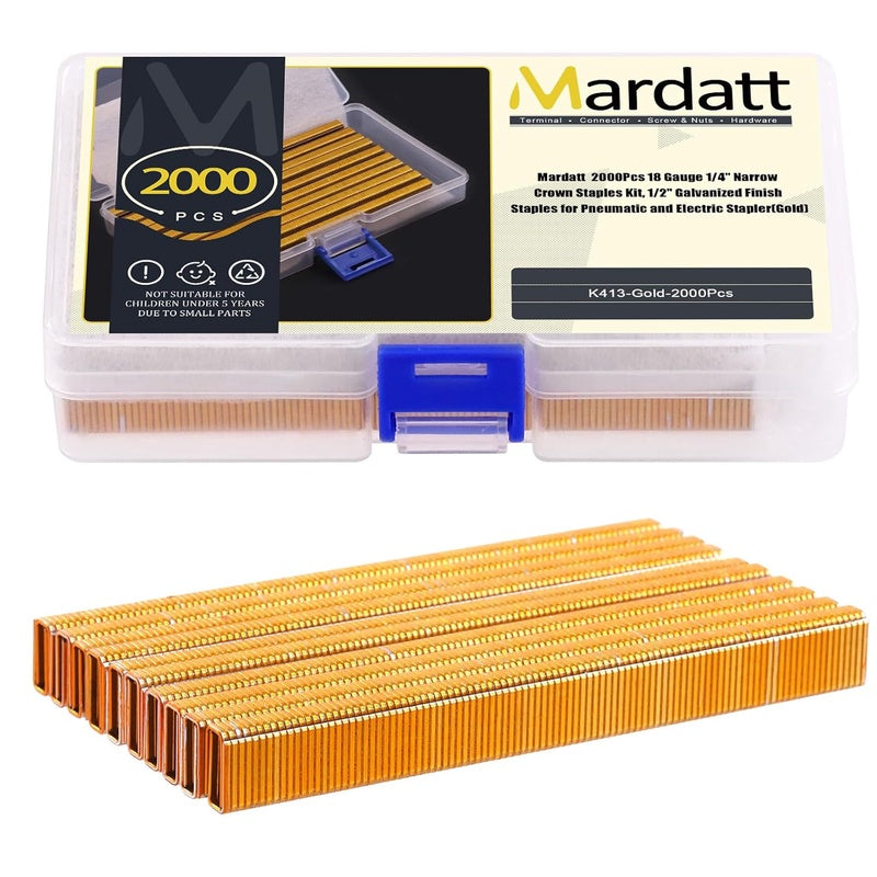 2000pcs 18 Gauge Narrow Crown Staples | 1\u002F2 Galvanized Finish Heavy Duty Staples for Pneumatic or Electric Stapler, Golden Color