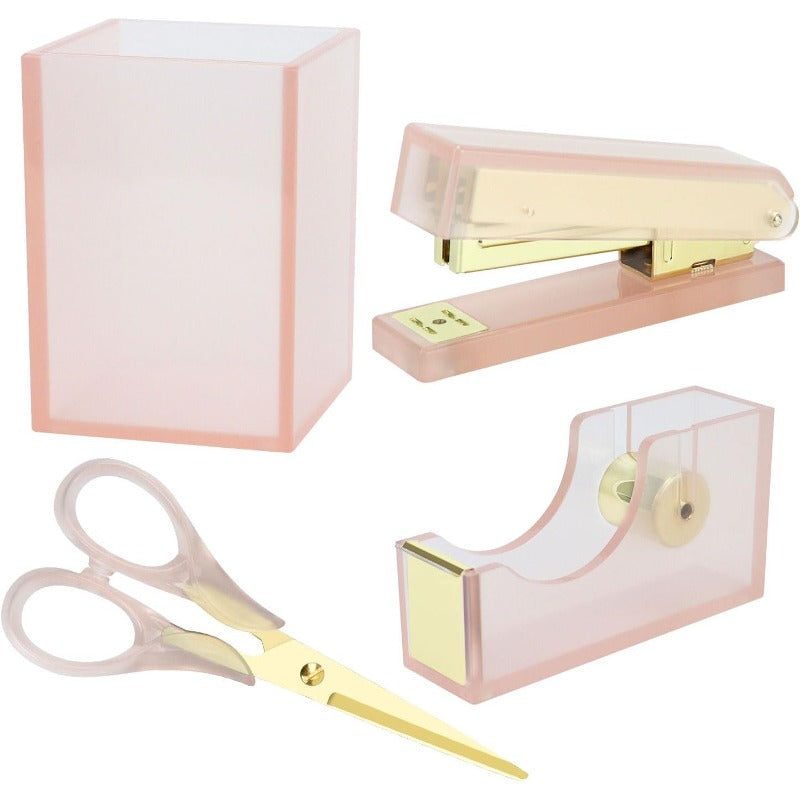 1-Inch Core Clear Acrylic Pink Gold Tape Dispenser Heavy Duty Multibey Pen Holder Stapler with 950Pcs 24\u002F6 26\u002F6 Rose Gold Staples Acrylic Scissors Stationery Desk Set School Home N Office plies