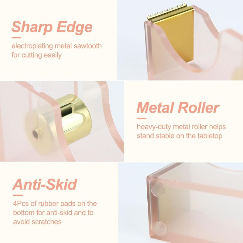 1-Inch Core Clear Acrylic Pink Gold Tape Dispenser Heavy Duty Multibey Pen Holder Stapler with 950Pcs 24\u002F6 26\u002F6 Rose Gold Staples Acrylic Scissors Stationery Desk Set School Home N Office plies