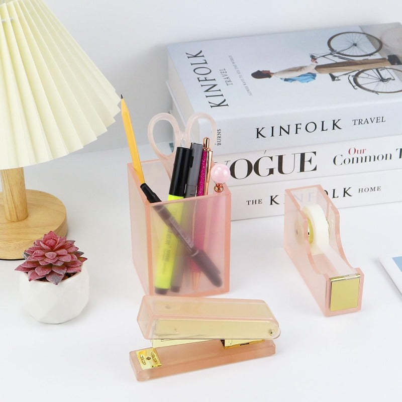 1-Inch Core Clear Acrylic Pink Gold Tape Dispenser Heavy Duty Multibey Pen Holder Stapler with 950Pcs 24\u002F6 26\u002F6 Rose Gold Staples Acrylic Scissors Stationery Desk Set School Home N Office plies