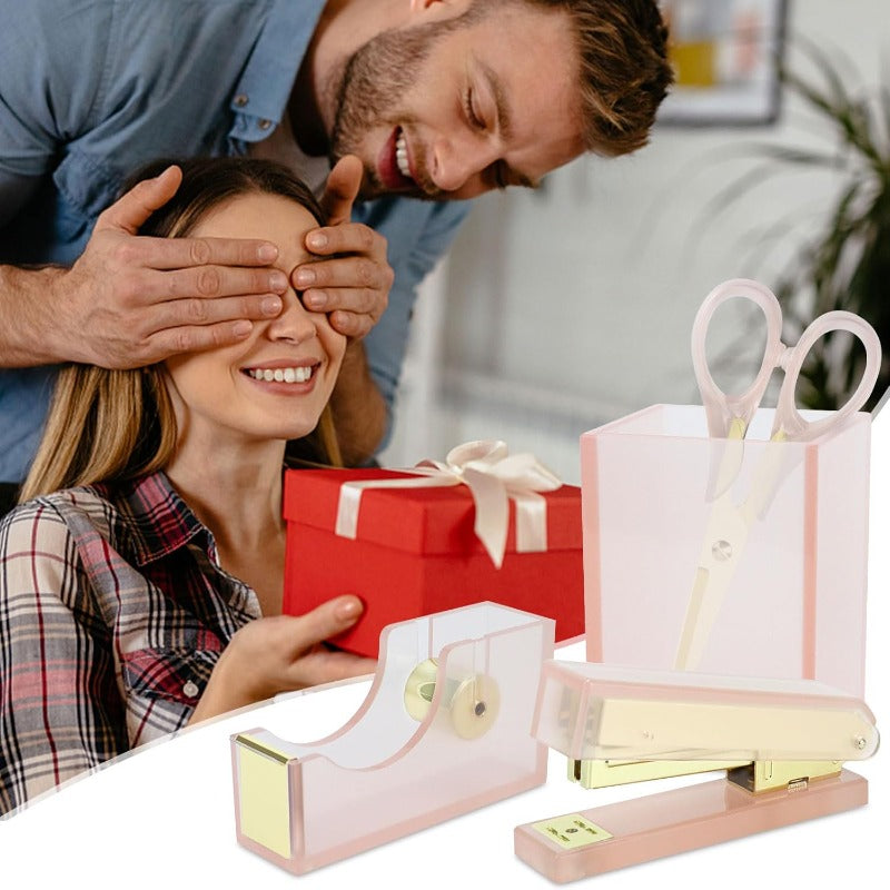 1-Inch Core Clear Acrylic Pink Gold Tape Dispenser Heavy Duty Multibey Pen Holder Stapler with 950Pcs 24\u002F6 26\u002F6 Rose Gold Staples Acrylic Scissors Stationery Desk Set School Home N Office plies