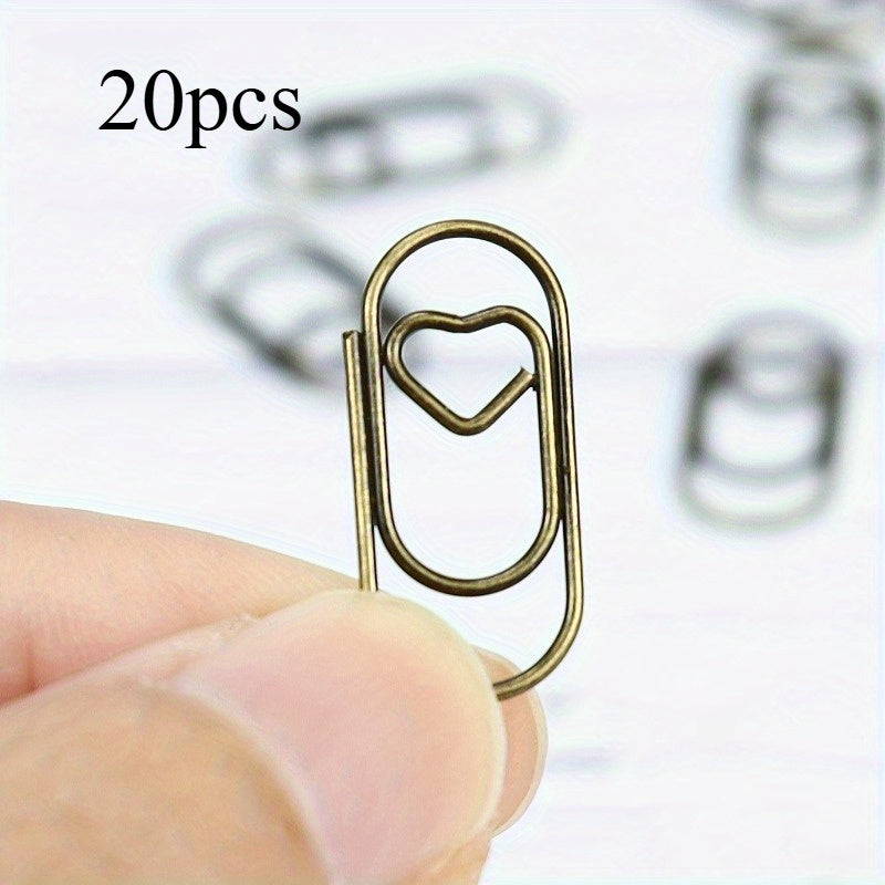 20pcs Retro Brown Love Paper Clips, Office Accessory Paper Clips, Used For Bookmarks, Binders, Etc., Practical Creative And Cute Fashion Clips