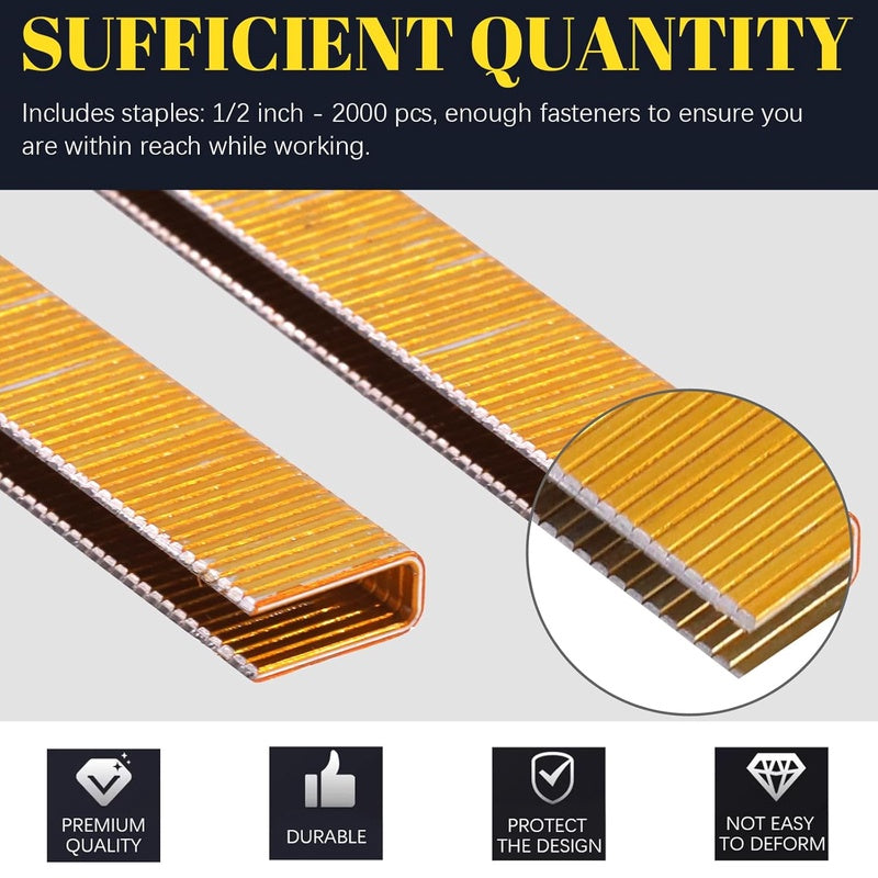 2000pcs 18 Gauge Narrow Crown Staples | 1\u002F2 Galvanized Finish Heavy Duty Staples for Pneumatic or Electric Stapler, Golden Color